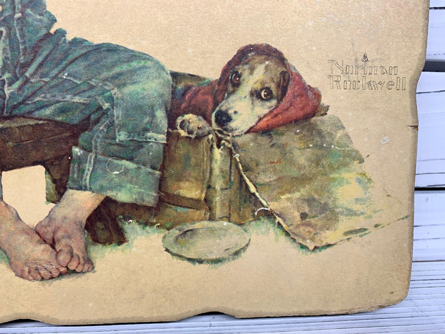 Vintage Norman Rockwell Wall Art, A Little Boy and His Best Friend Puppy Pressed Wood Wall Art, 1950s Farmhouse Country Decor -Located at Funkyhouse Vintage Antique Store, Weiser Idaho