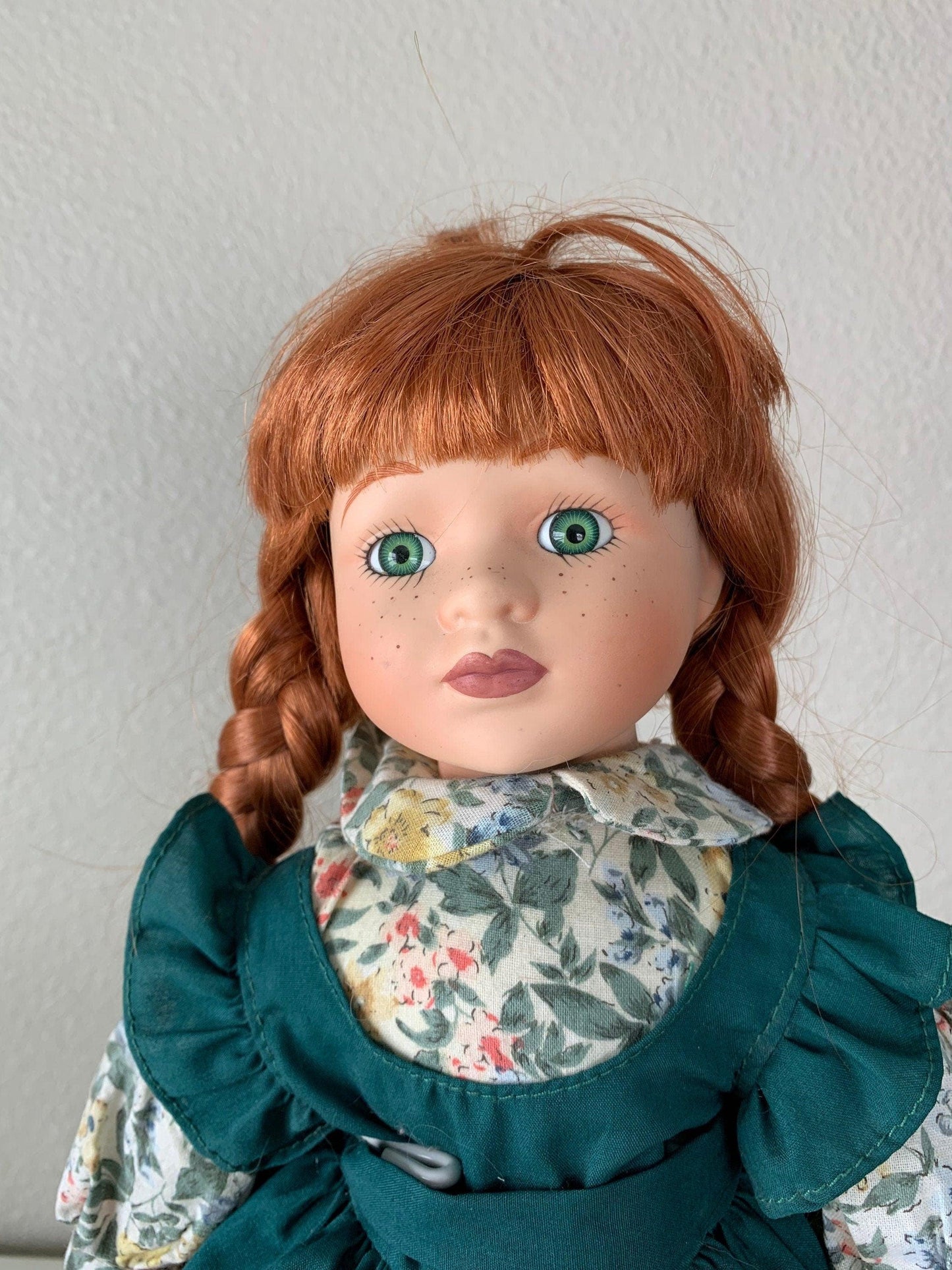 Vintage Porcelain Doll, Anne of Green Gable Red Hair and Green Dress -Located at Funkyhouse Vintage Antique Store, Weiser Idaho