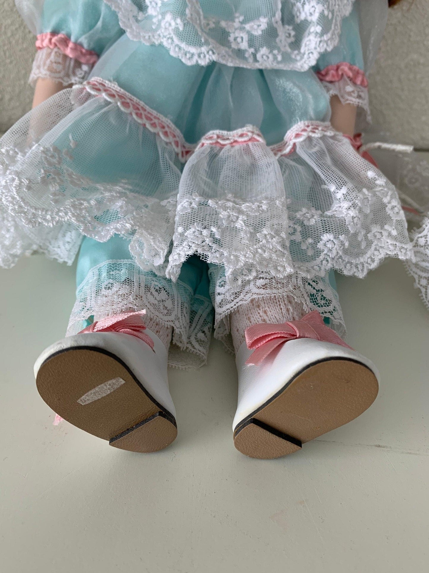 Vintage Porcelain Doll, Dynasty Doll Collection, Red Hair, Seafoam Green and Pink Dress, Freckles -Located at Funkyhouse Vintage Antique Store, Weiser Idaho