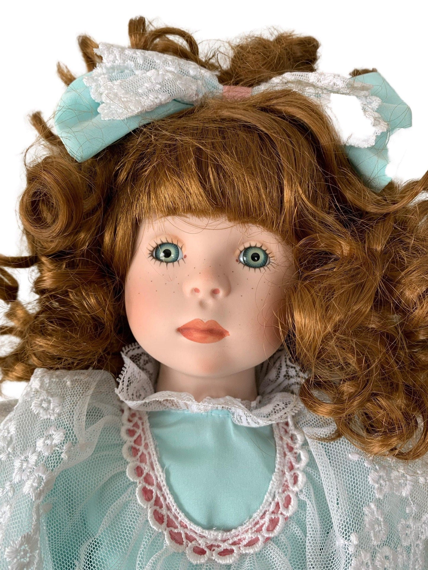 Vintage Porcelain Doll, Dynasty Doll Collection, Red Hair, Seafoam Green and Pink Dress, Freckles -Located at Funkyhouse Vintage Antique Store, Weiser Idaho