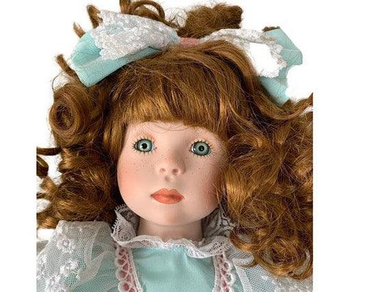 Vintage Porcelain Doll, Dynasty Doll Collection, Red Hair, Seafoam Green and Pink Dress, Freckles -Located at Funkyhouse Vintage Antique Store, Weiser Idaho