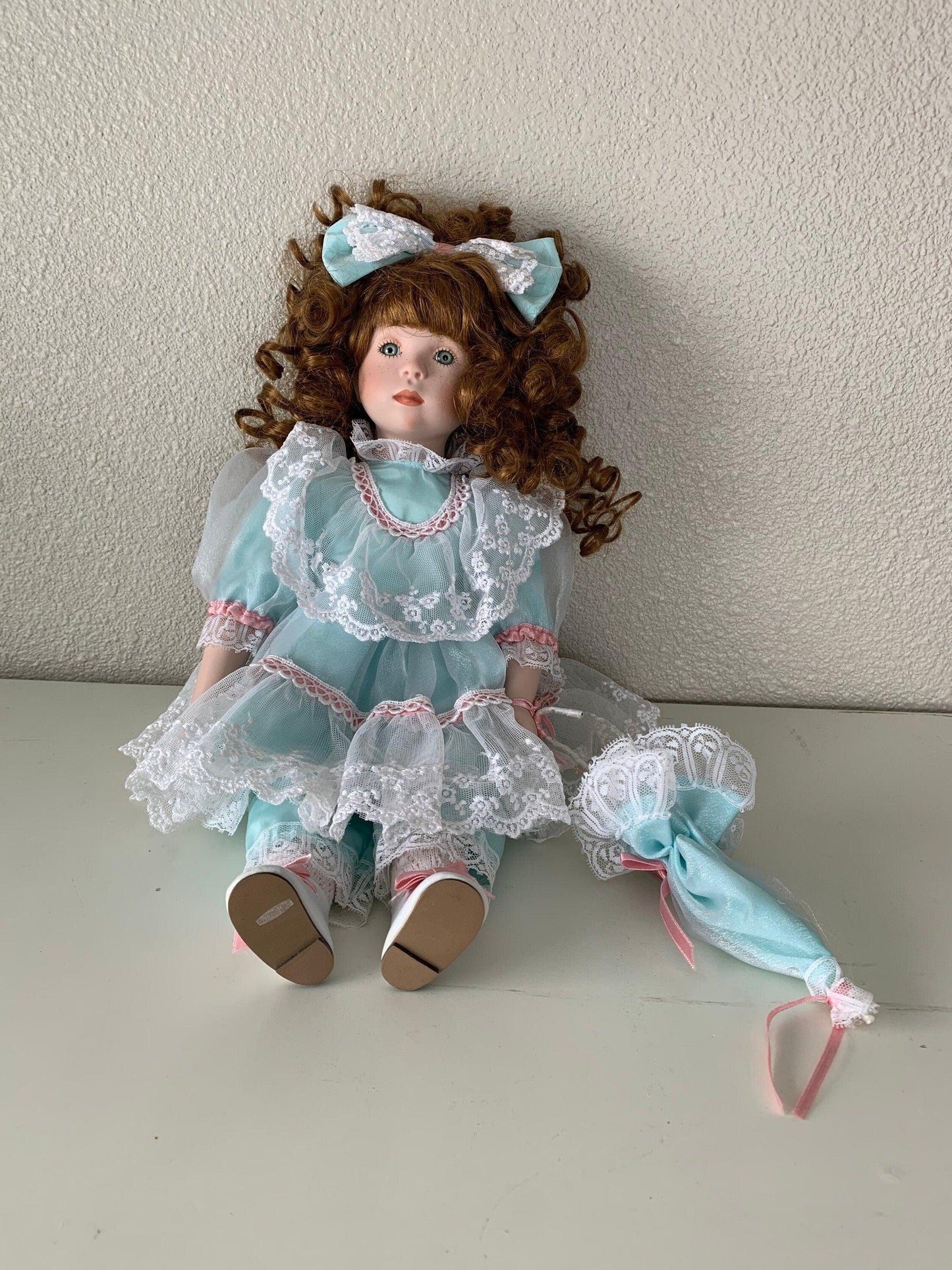 Vintage Porcelain Doll, Dynasty Doll Collection, Red Hair, Seafoam Green and Pink Dress, Freckles -Located at Funkyhouse Vintage Antique Store, Weiser Idaho