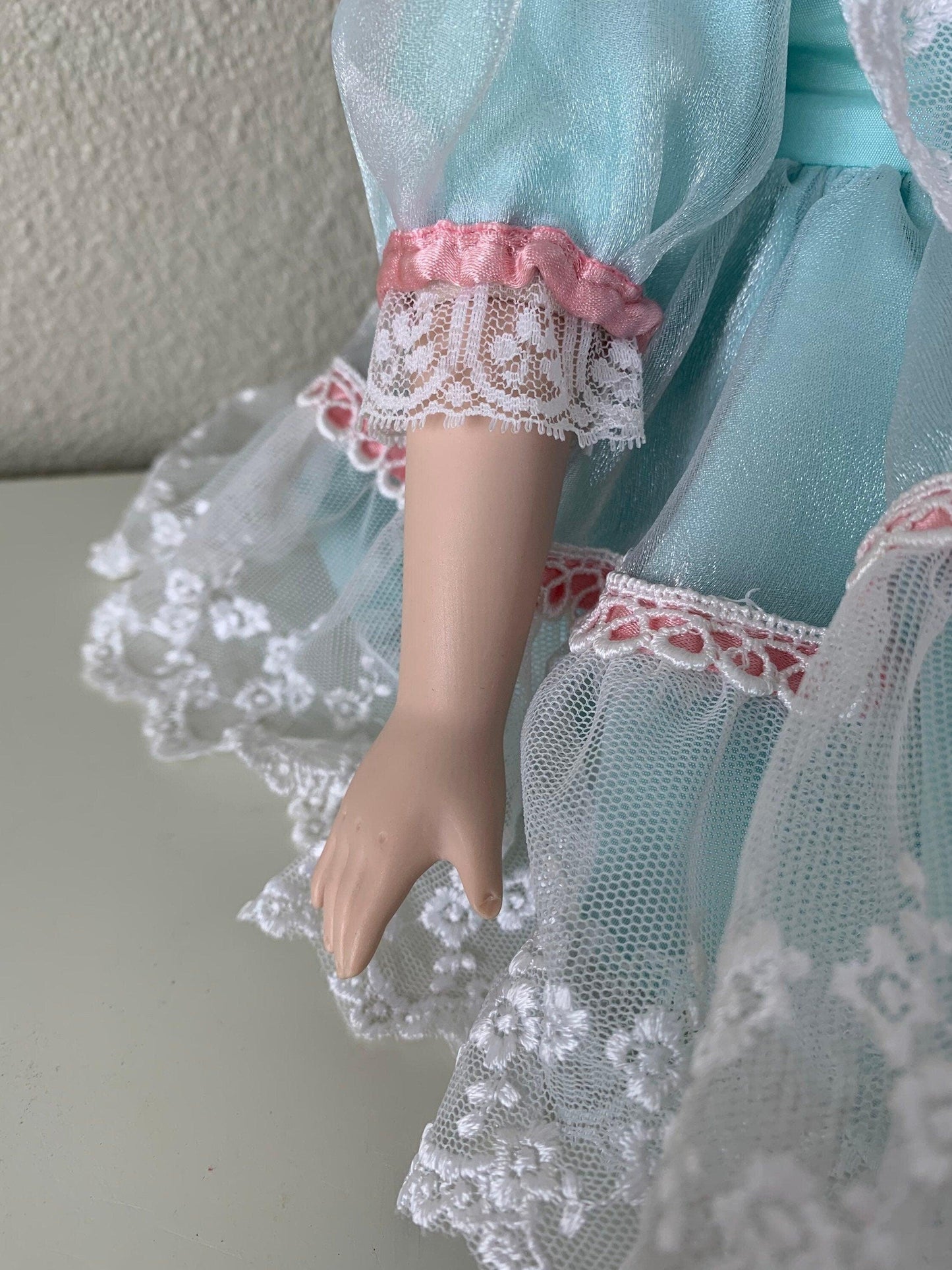 Vintage Porcelain Doll, Dynasty Doll Collection, Red Hair, Seafoam Green and Pink Dress, Freckles -Located at Funkyhouse Vintage Antique Store, Weiser Idaho