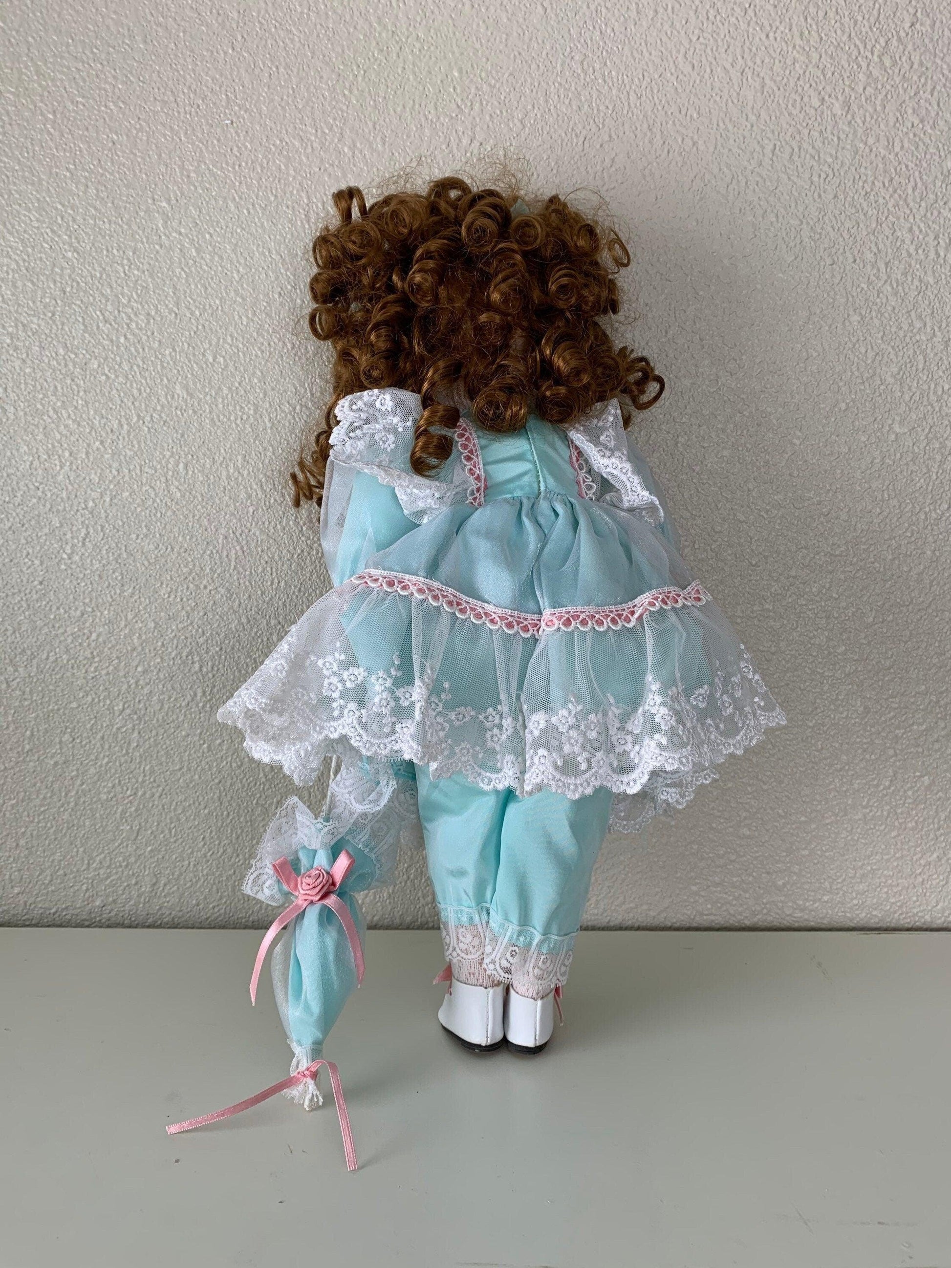 Vintage Porcelain Doll, Dynasty Doll Collection, Red Hair, Seafoam Green and Pink Dress, Freckles -Located at Funkyhouse Vintage Antique Store, Weiser Idaho