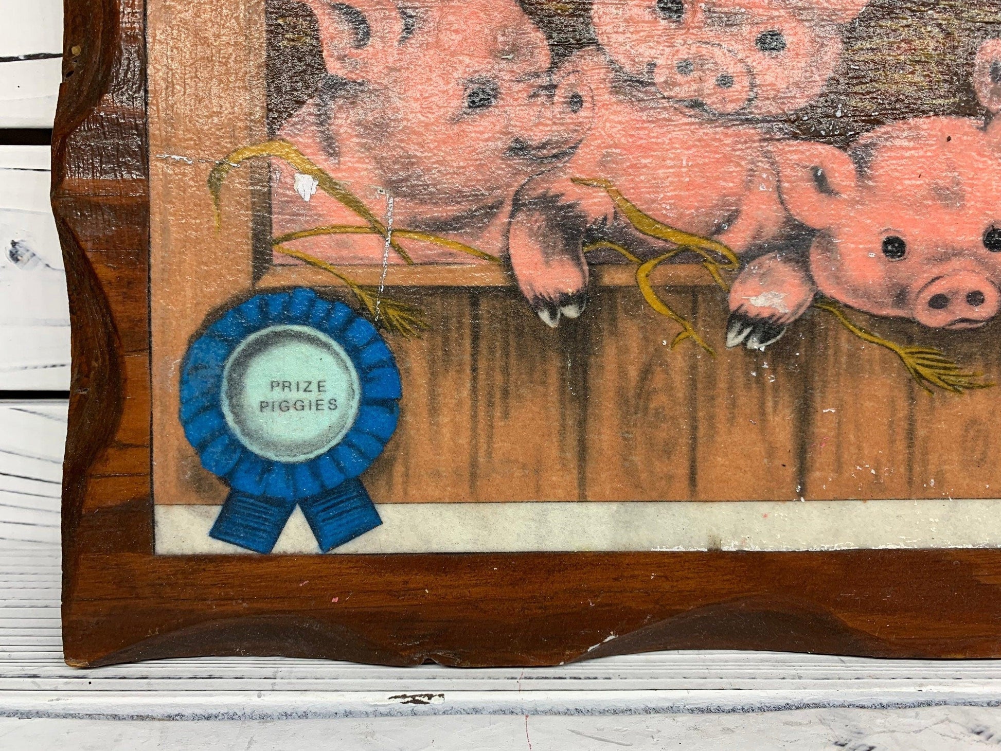 Vintage Prize Piggie Art, Pig Pressed Wood Wall Sign, 1950s Farmhouse Country Decor -Located at Funkyhouse Vintage Antique Store, Weiser Idaho