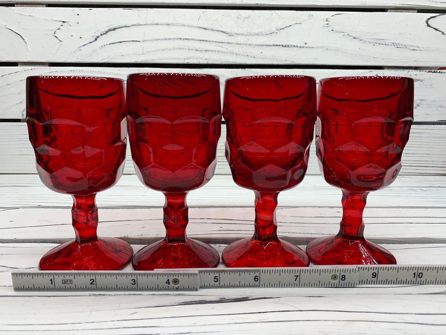 Vintage Red Goblets, Lot of 4 Ruby Red Cups With Design, Vintage Red Kitchen Decor -Located at Funkyhouse Vintage Antique Store, Weiser Idaho