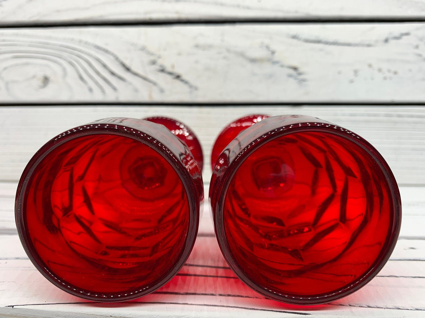 Vintage Red Goblets, Lot of 4 Ruby Red Cups With Design, Vintage Red Kitchen Decor -Located at Funkyhouse Vintage Antique Store, Weiser Idaho
