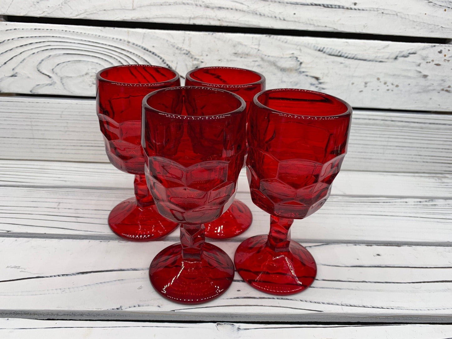 Vintage Red Goblets, Lot of 4 Ruby Red Cups With Design, Vintage Red Kitchen Decor -Located at Funkyhouse Vintage Antique Store, Weiser Idaho
