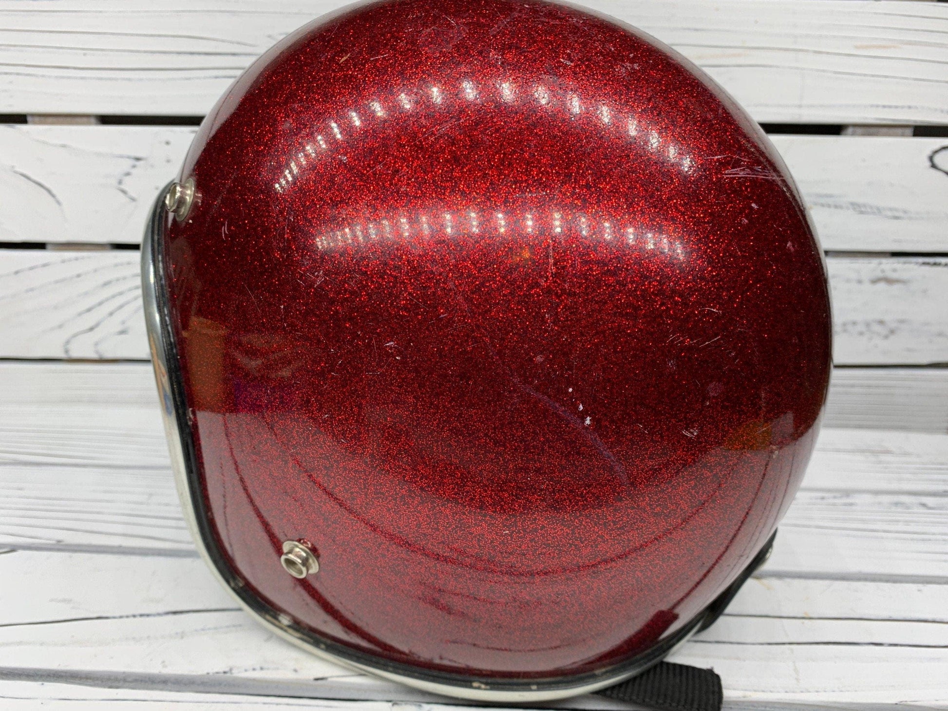 Vintage Red Sparkly Motorcycle Helmet, America 60s 70s Helmet by Arthur Fulmer, AF 40 -Located at Funkyhouse Vintage Antique Store, Weiser Idaho