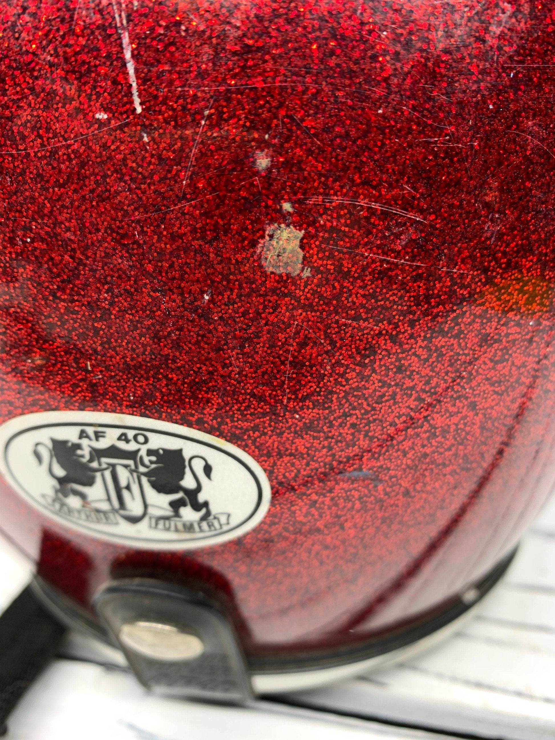 Vintage Red Sparkly Motorcycle Helmet, America 60s 70s Helmet by Arthur Fulmer, AF 40 -Located at Funkyhouse Vintage Antique Store, Weiser Idaho