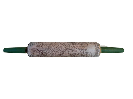 Vintage Rolling Pin, Rolling Pin With Green Handles and Postage Mail Letter Design, Shabby Chic Farmhouse Country Kitchen Decor -Located at Funkyhouse Vintage Antique Store, Weiser Idaho