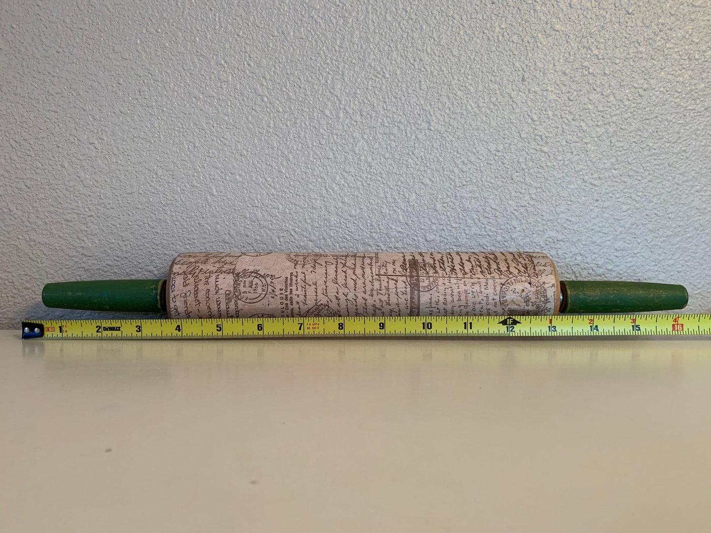 Vintage Rolling Pin, Rolling Pin With Green Handles and Postage Mail Letter Design, Shabby Chic Farmhouse Country Kitchen Decor -Located at Funkyhouse Vintage Antique Store, Weiser Idaho