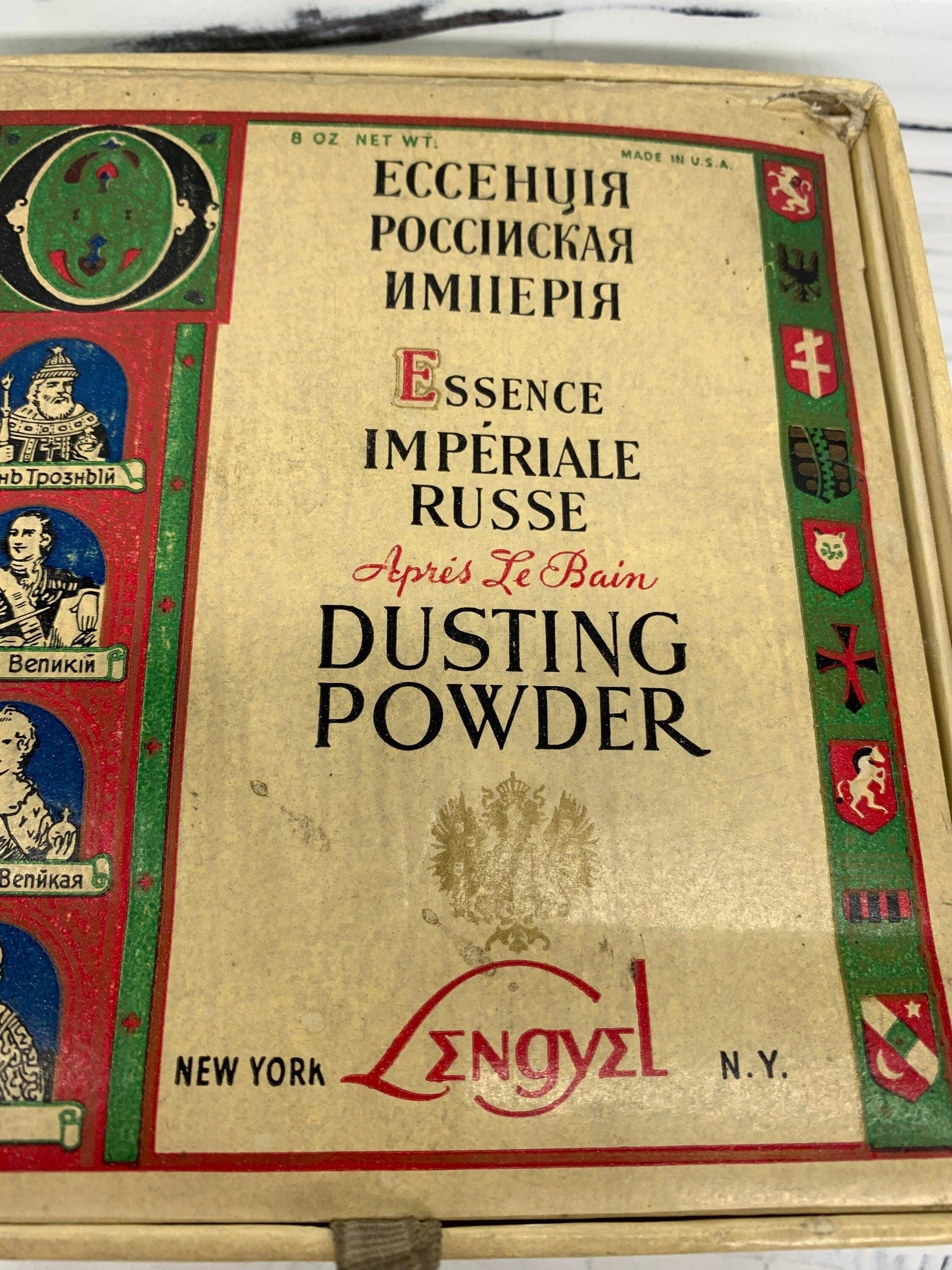 Vintage Russian Apris Le Bain Dusting Powder with Puff, Partial Contents -Located at Funkyhouse Vintage Antique Store, Weiser Idaho