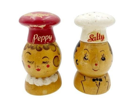 Vintage Salty Peppy Wood Salt And Pepper Shakers, Old Kitchen Decor, Mid Century Kitchen, 1950s Kitchen, Red White Kitchen, Shabby Chic -Located at Funkyhouse Vintage Antique Store, Weiser Idaho