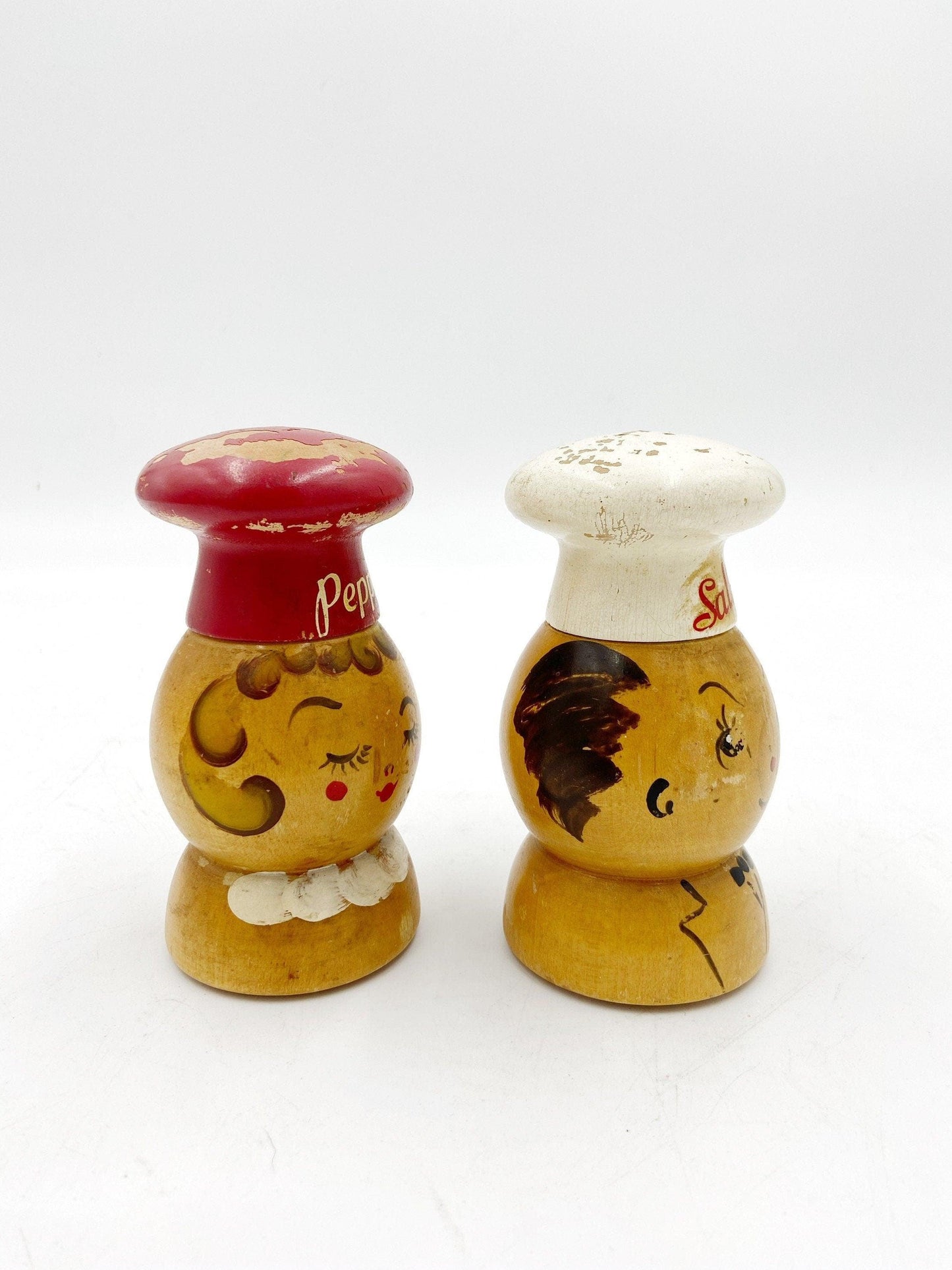 Vintage Salty Peppy Wood Salt And Pepper Shakers, Old Kitchen Decor, Mid Century Kitchen, 1950s Kitchen, Red White Kitchen, Shabby Chic -Located at Funkyhouse Vintage Antique Store, Weiser Idaho