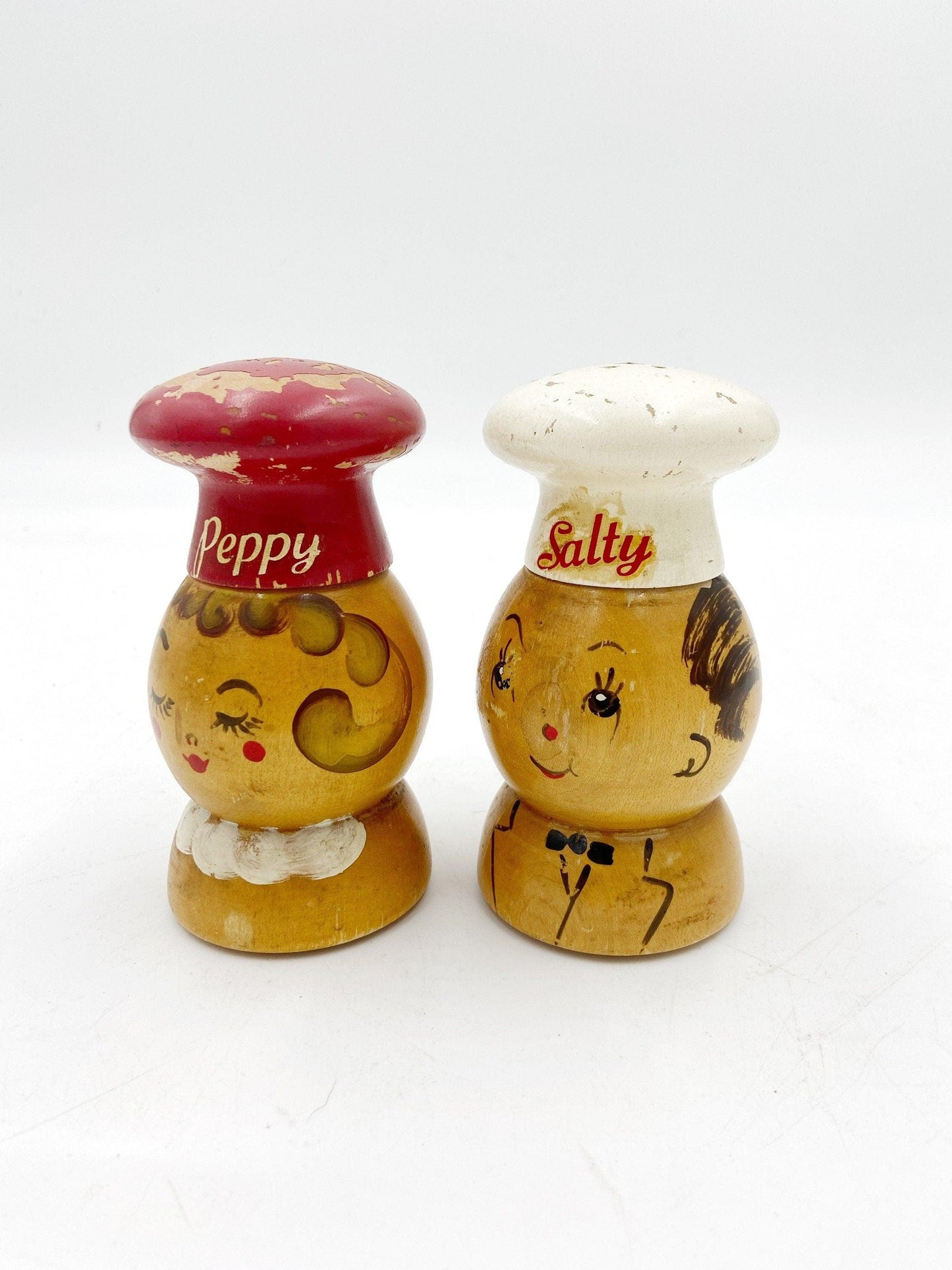 Vintage Salty Peppy Wood Salt And Pepper Shakers, Old Kitchen Decor, Mid Century Kitchen, 1950s Kitchen, Red White Kitchen, Shabby Chic -Located at Funkyhouse Vintage Antique Store, Weiser Idaho