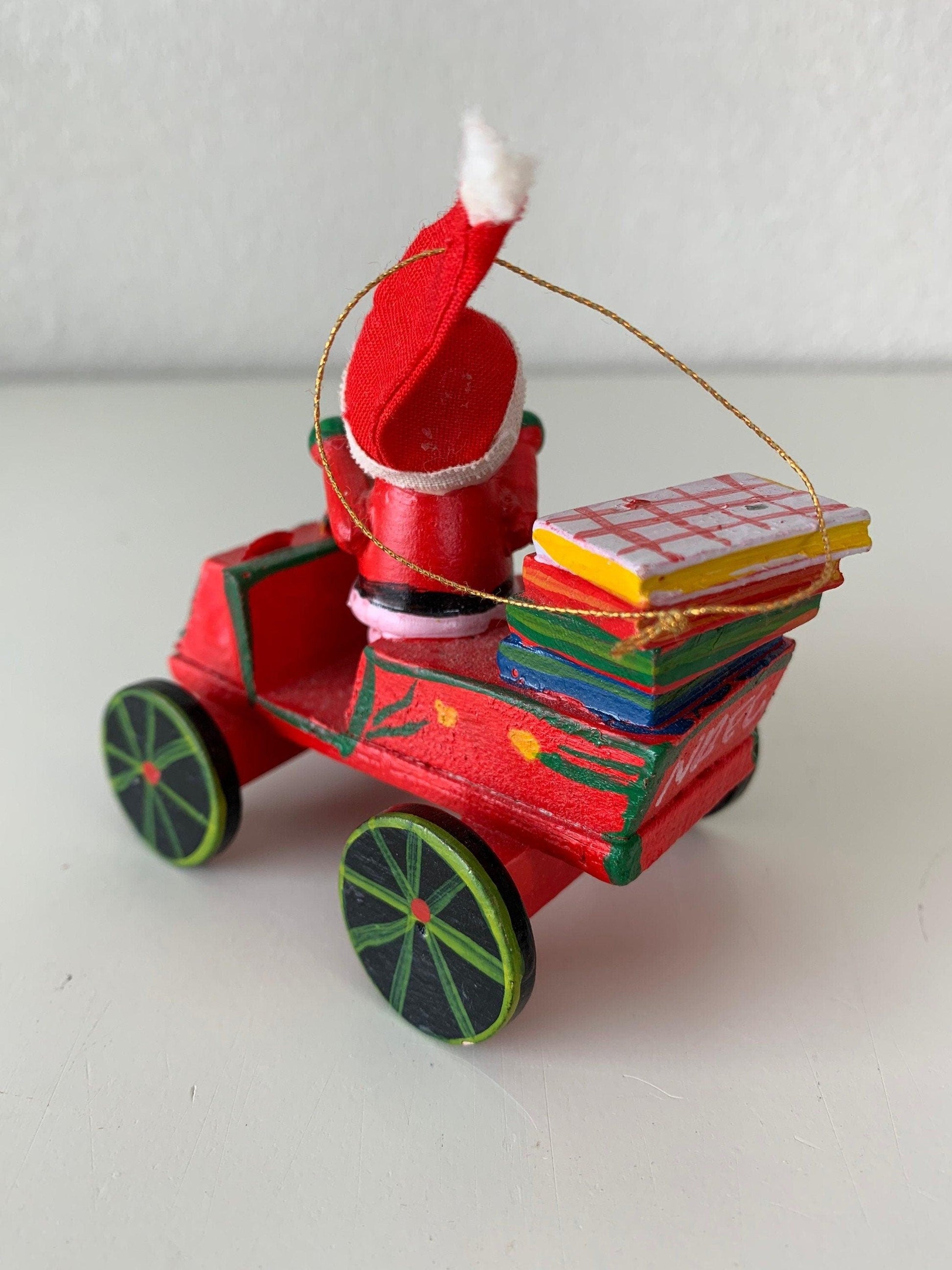 Vintage Santa in Sleigh Ornament, Wooden Hand Painted Santa Riding Sleigh Like Car Christmas Tree Decoration -Located at Funkyhouse Vintage Antique Store, Weiser Idaho