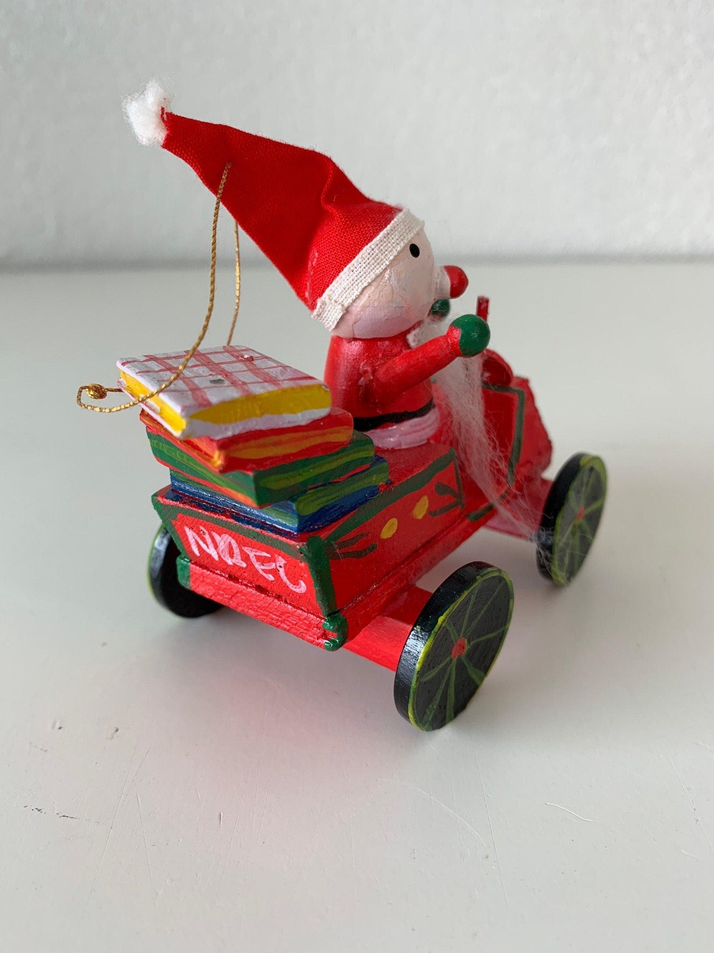 Vintage Santa in Sleigh Ornament, Wooden Hand Painted Santa Riding Sleigh Like Car Christmas Tree Decoration -Located at Funkyhouse Vintage Antique Store, Weiser Idaho