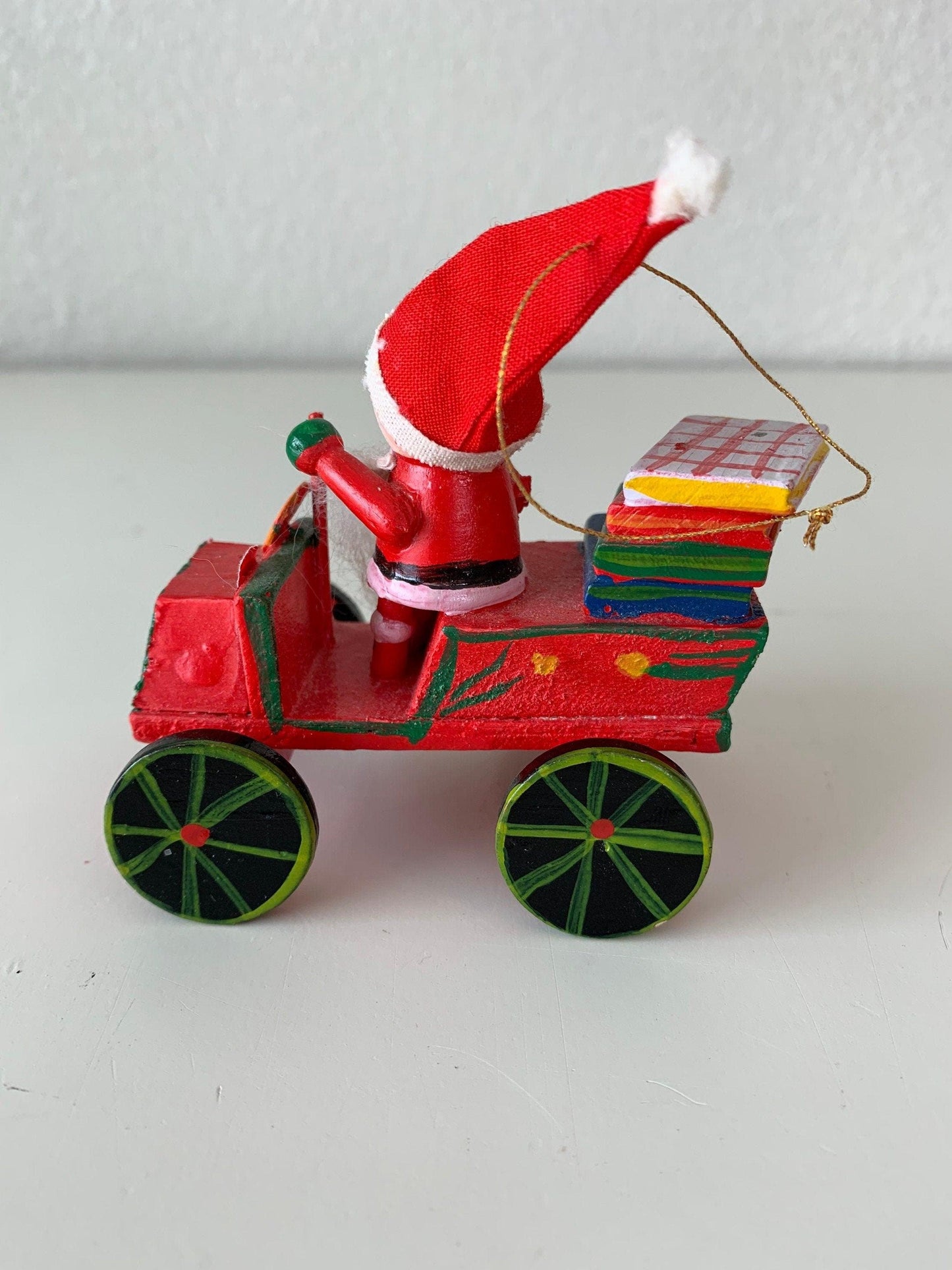 Vintage Santa in Sleigh Ornament, Wooden Hand Painted Santa Riding Sleigh Like Car Christmas Tree Decoration -Located at Funkyhouse Vintage Antique Store, Weiser Idaho