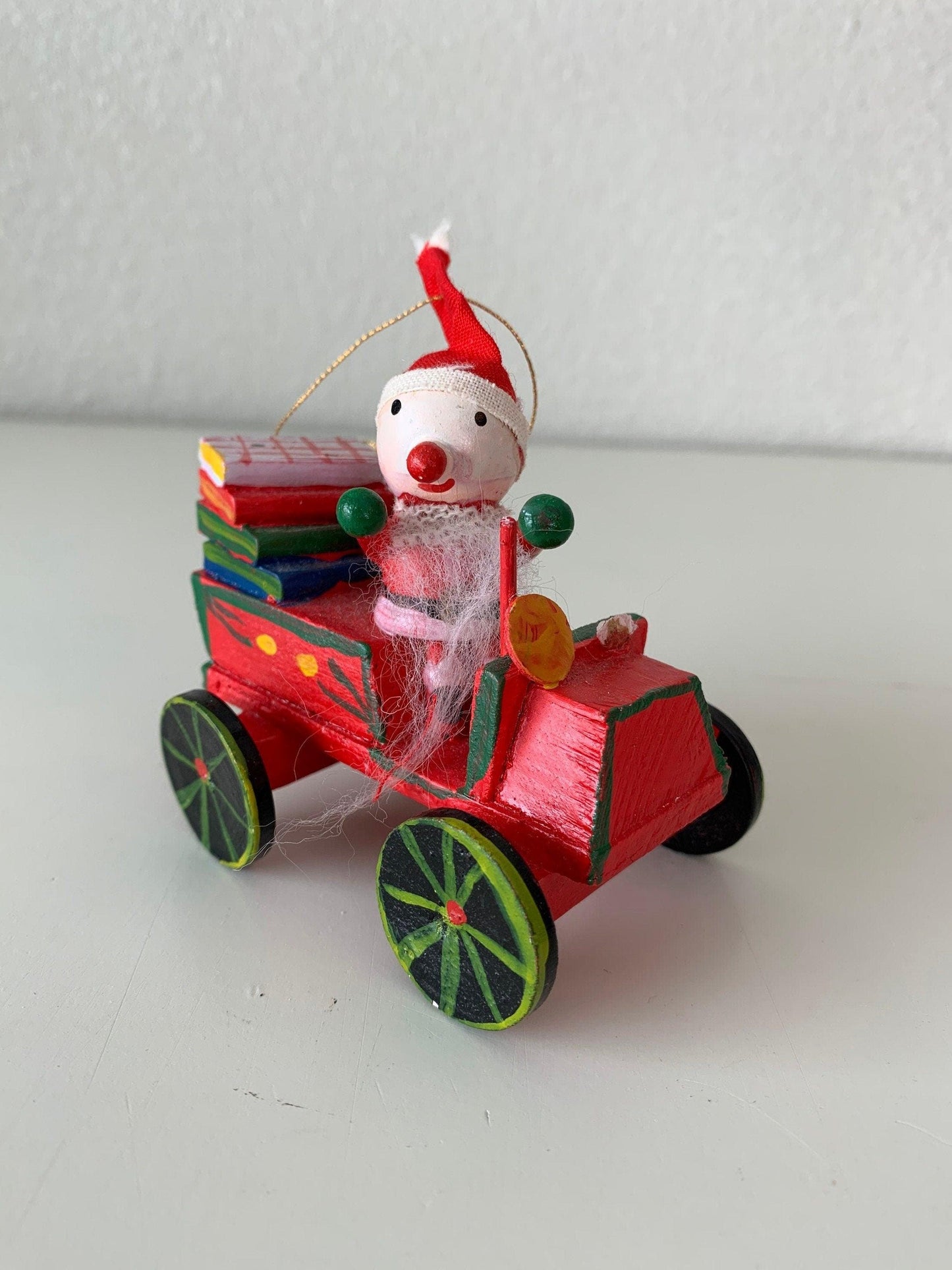 Vintage Santa in Sleigh Ornament, Wooden Hand Painted Santa Riding Sleigh Like Car Christmas Tree Decoration -Located at Funkyhouse Vintage Antique Store, Weiser Idaho