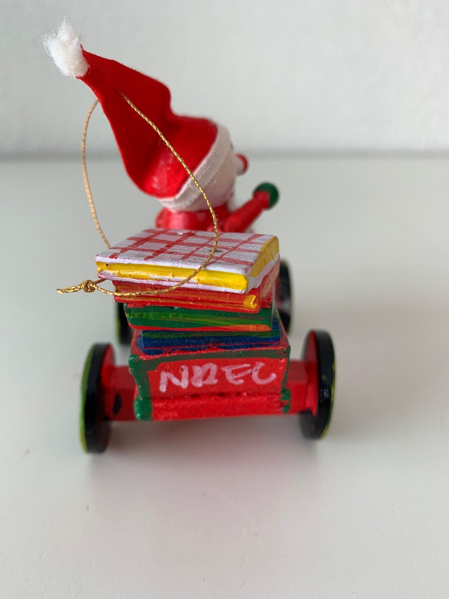 Vintage Santa in Sleigh Ornament, Wooden Hand Painted Santa Riding Sleigh Like Car Christmas Tree Decoration -Located at Funkyhouse Vintage Antique Store, Weiser Idaho