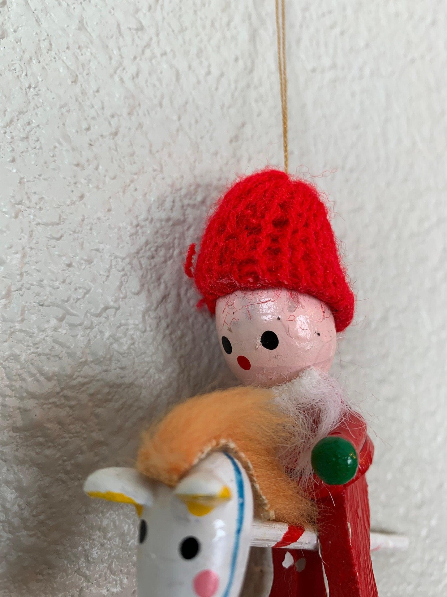 Vintage Santa Riding Toy Horse Ornament, Wooden Hand Painted Santa Riding Stick Horse Christmas Tree Decoration -Located at Funkyhouse Vintage Antique Store, Weiser Idaho
