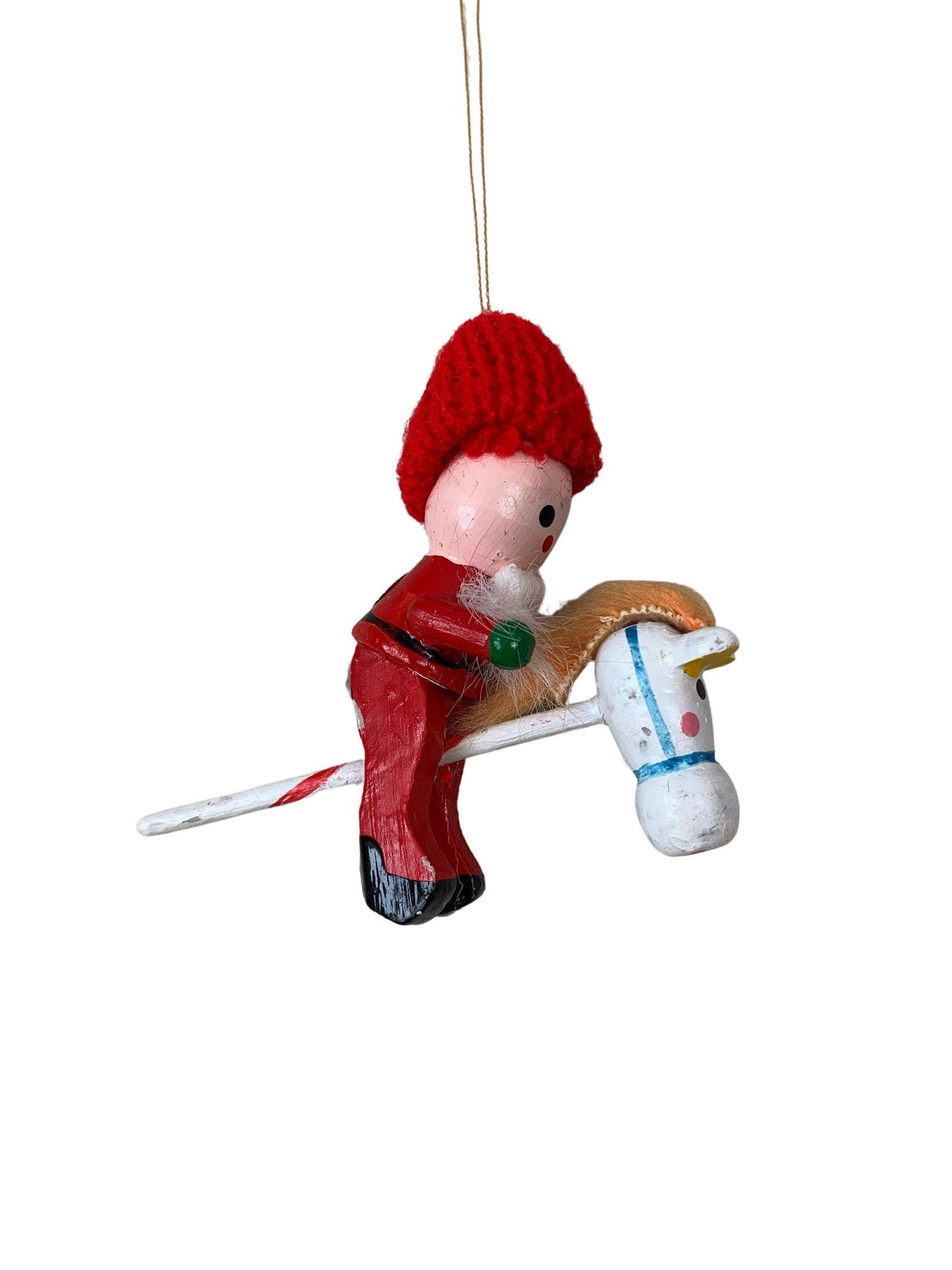 Vintage Santa Riding Toy Horse Ornament, Wooden Hand Painted Santa Riding Stick Horse Christmas Tree Decoration -Located at Funkyhouse Vintage Antique Store, Weiser Idaho