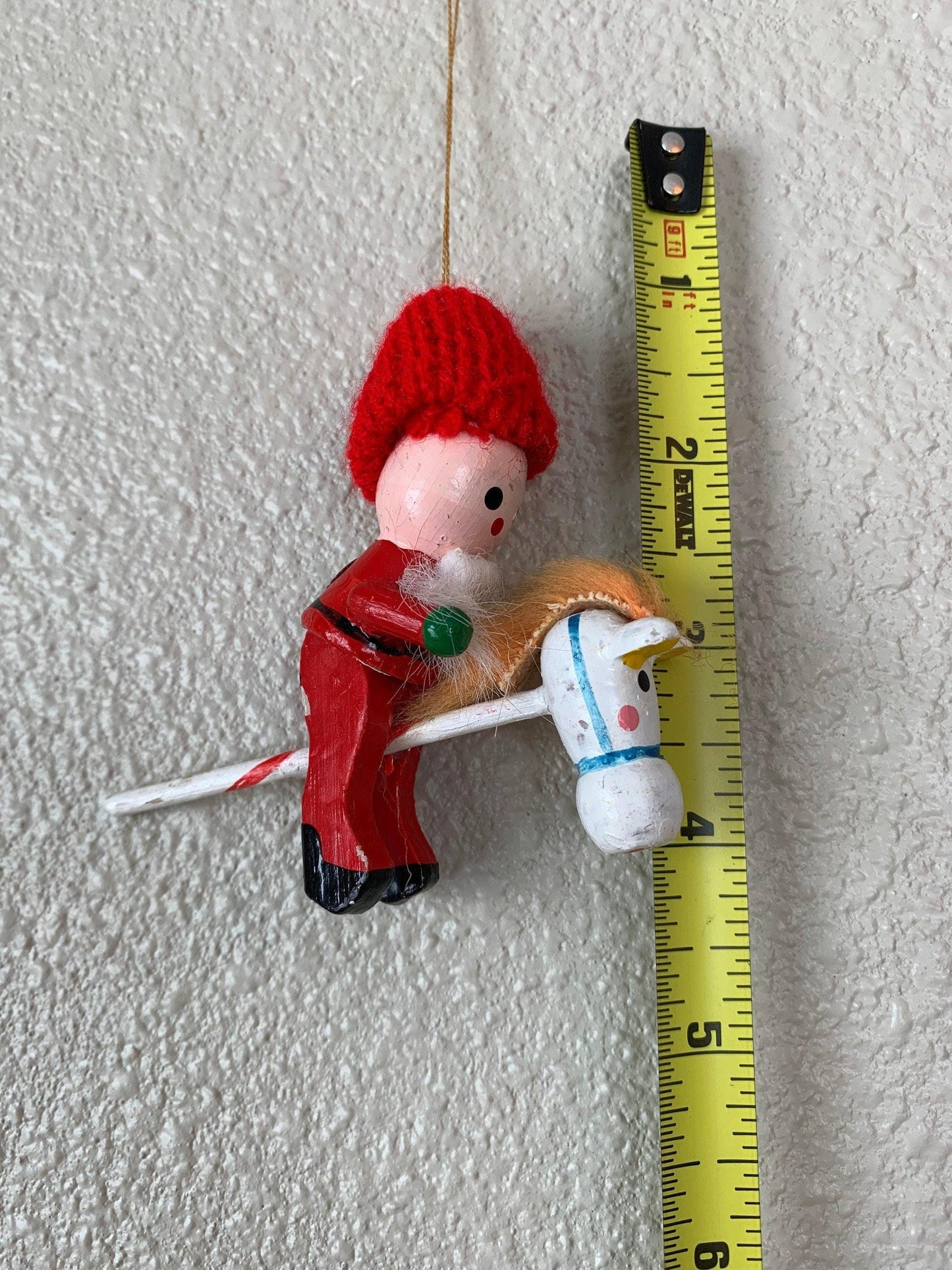 Vintage Santa Riding Toy Horse Ornament, Wooden Hand Painted Santa Riding Stick Horse Christmas Tree Decoration -Located at Funkyhouse Vintage Antique Store, Weiser Idaho