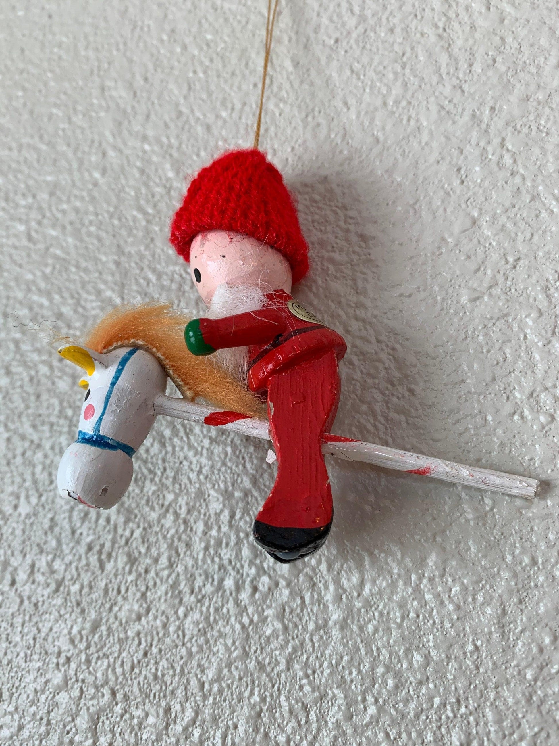 Vintage Santa Riding Toy Horse Ornament, Wooden Hand Painted Santa Riding Stick Horse Christmas Tree Decoration -Located at Funkyhouse Vintage Antique Store, Weiser Idaho
