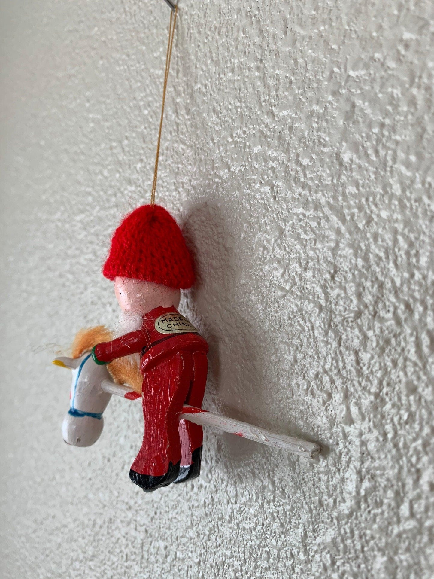 Vintage Santa Riding Toy Horse Ornament, Wooden Hand Painted Santa Riding Stick Horse Christmas Tree Decoration -Located at Funkyhouse Vintage Antique Store, Weiser Idaho