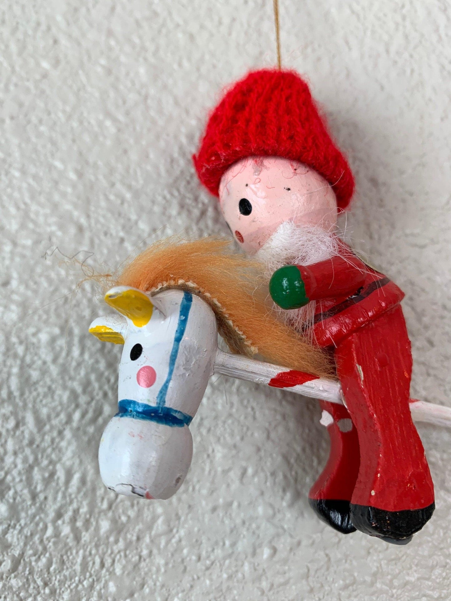 Vintage Santa Riding Toy Horse Ornament, Wooden Hand Painted Santa Riding Stick Horse Christmas Tree Decoration -Located at Funkyhouse Vintage Antique Store, Weiser Idaho