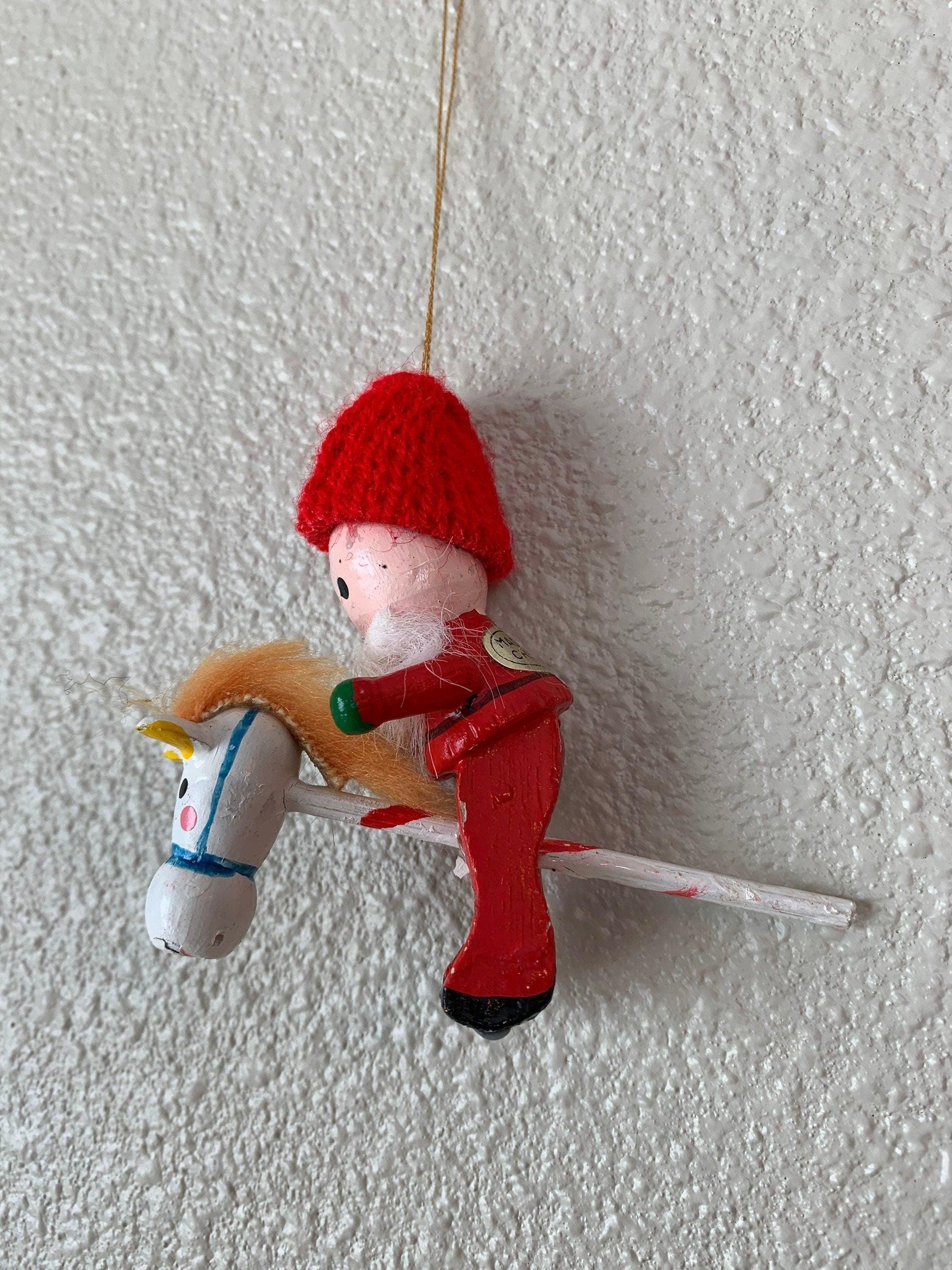 Vintage Santa Riding Toy Horse Ornament, Wooden Hand Painted Santa Riding Stick Horse Christmas Tree Decoration -Located at Funkyhouse Vintage Antique Store, Weiser Idaho
