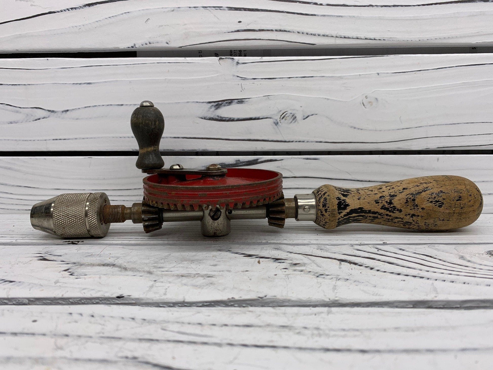 Vintage Stanley No 616 Hand Crank Drill, Red Metal Gear, Wood Handle, Beautiful Primitive Piece -Located at Funkyhouse Vintage Antique Store, Weiser Idaho