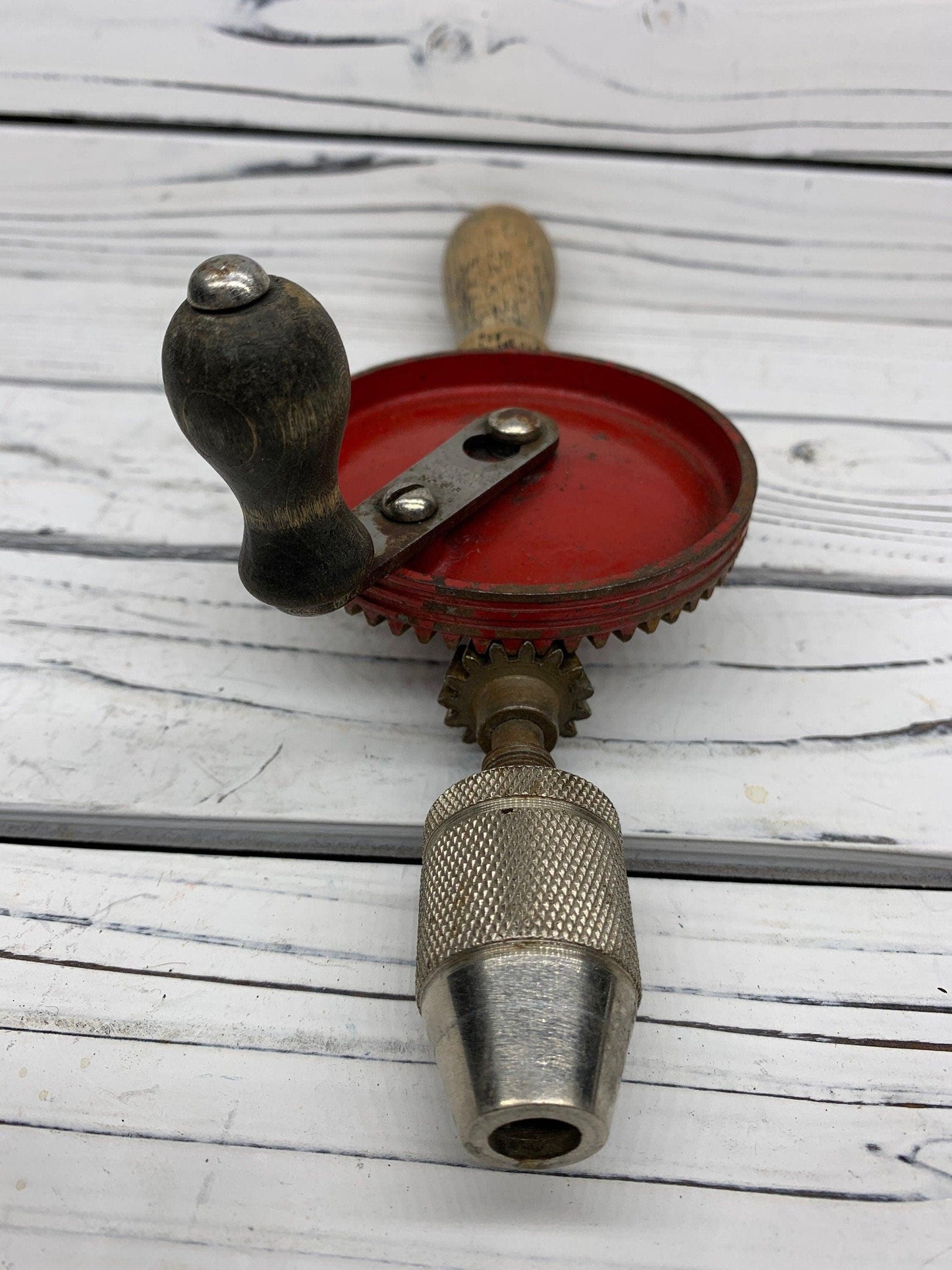 Vintage Stanley No 616 Hand Crank Drill, Red Metal Gear, Wood Handle, Beautiful Primitive Piece -Located at Funkyhouse Vintage Antique Store, Weiser Idaho