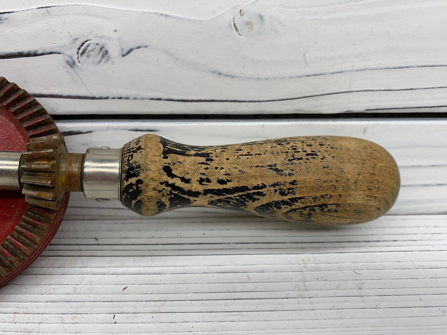 Vintage Stanley No 616 Hand Crank Drill, Red Metal Gear, Wood Handle, Beautiful Primitive Piece -Located at Funkyhouse Vintage Antique Store, Weiser Idaho