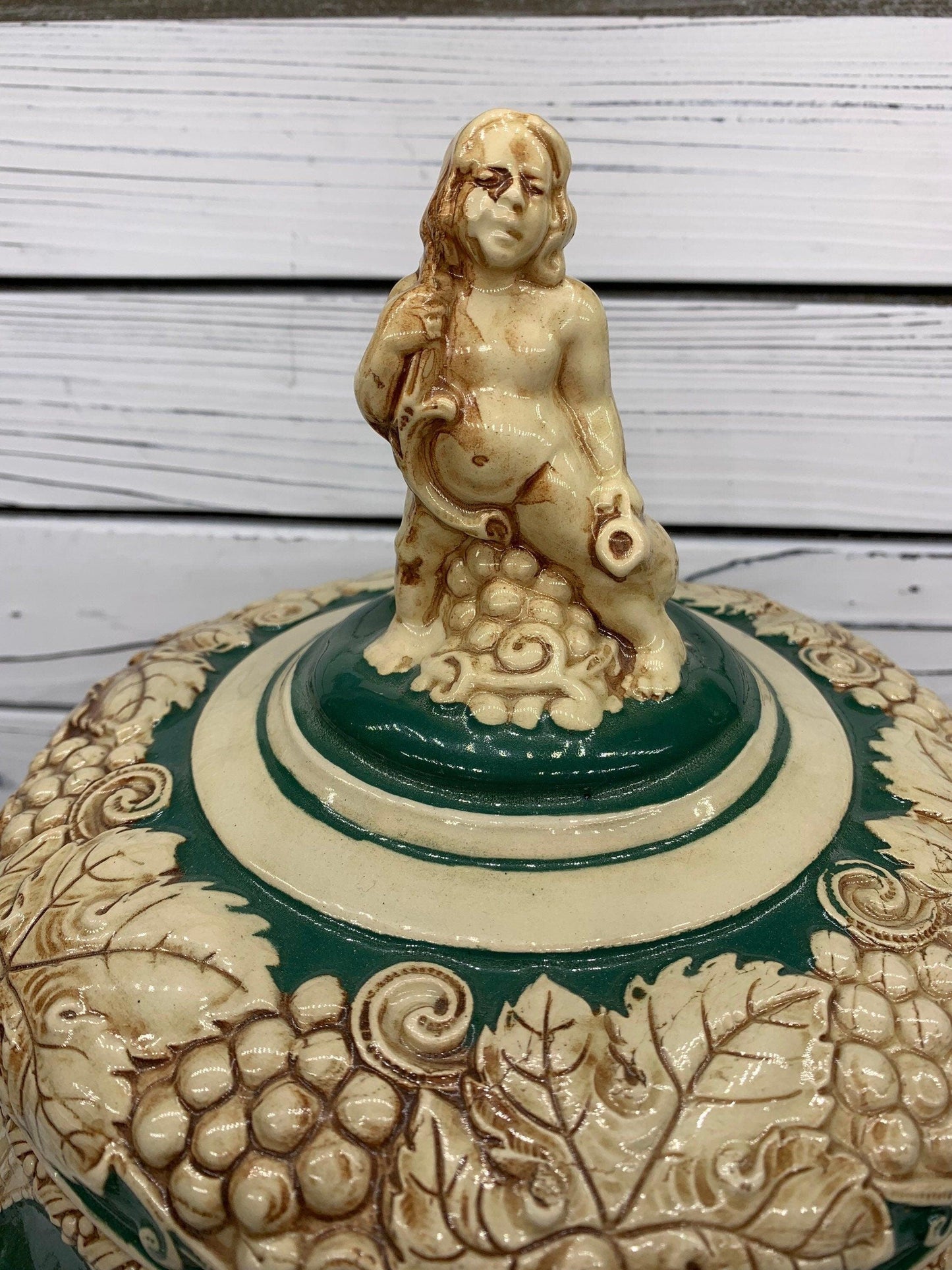 Vintage Stoneware Tureen, Large German Punch Pot with 12 Mugs, Green Punch Bowl -Located at Funkyhouse Vintage Antique Store, Weiser Idaho