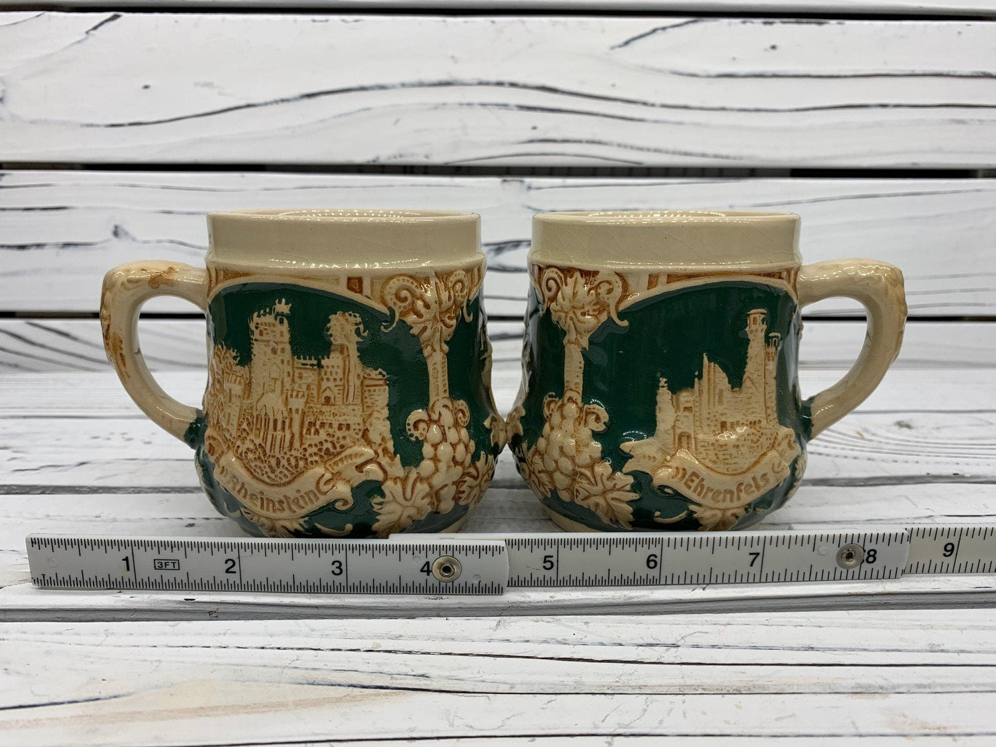 Vintage Stoneware Tureen, Large German Punch Pot with 12 Mugs, Green Punch Bowl -Located at Funkyhouse Vintage Antique Store, Weiser Idaho