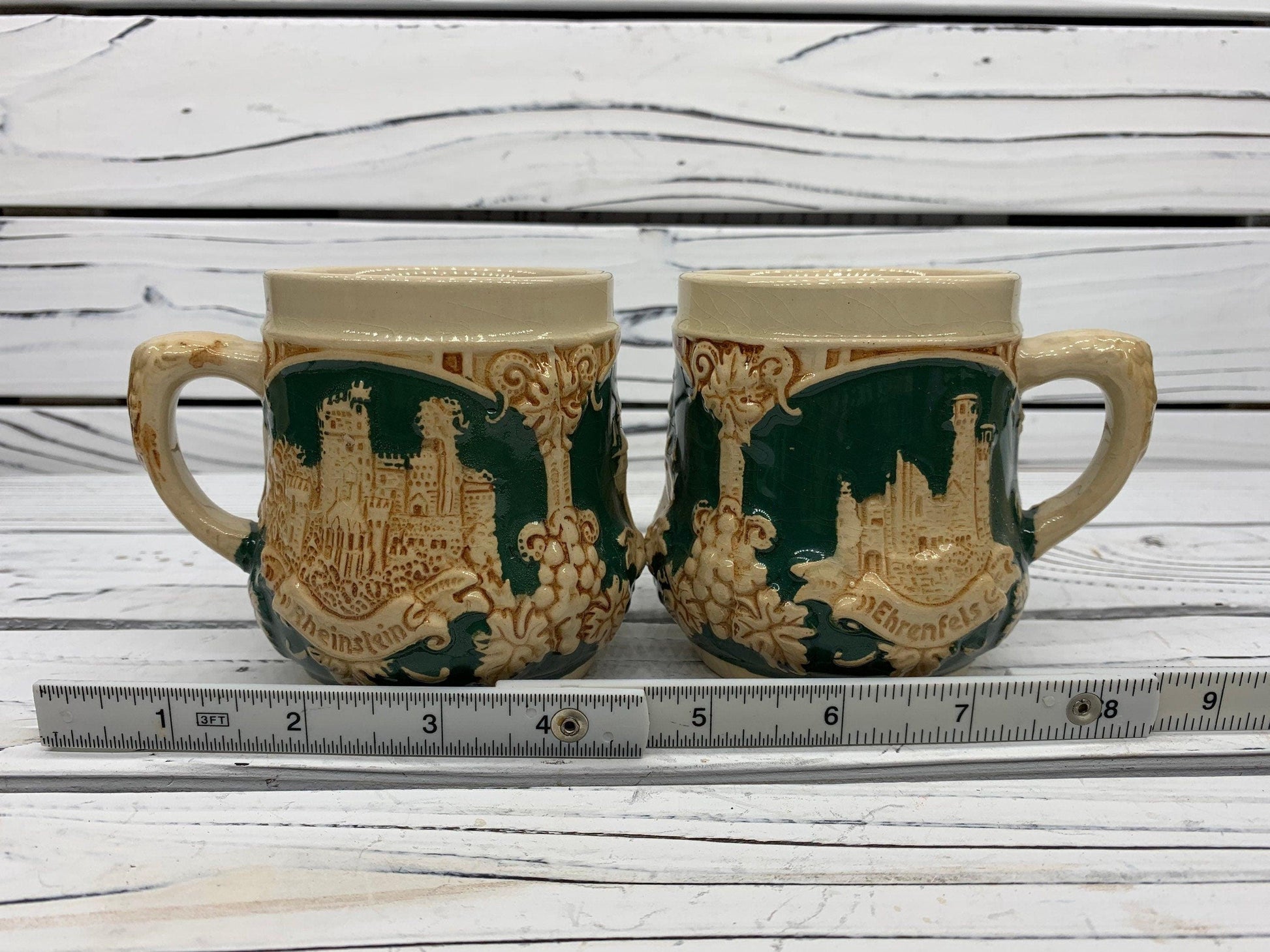 Vintage Stoneware Tureen, Large German Punch Pot with 12 Mugs, Green Punch Bowl -Located at Funkyhouse Vintage Antique Store, Weiser Idaho