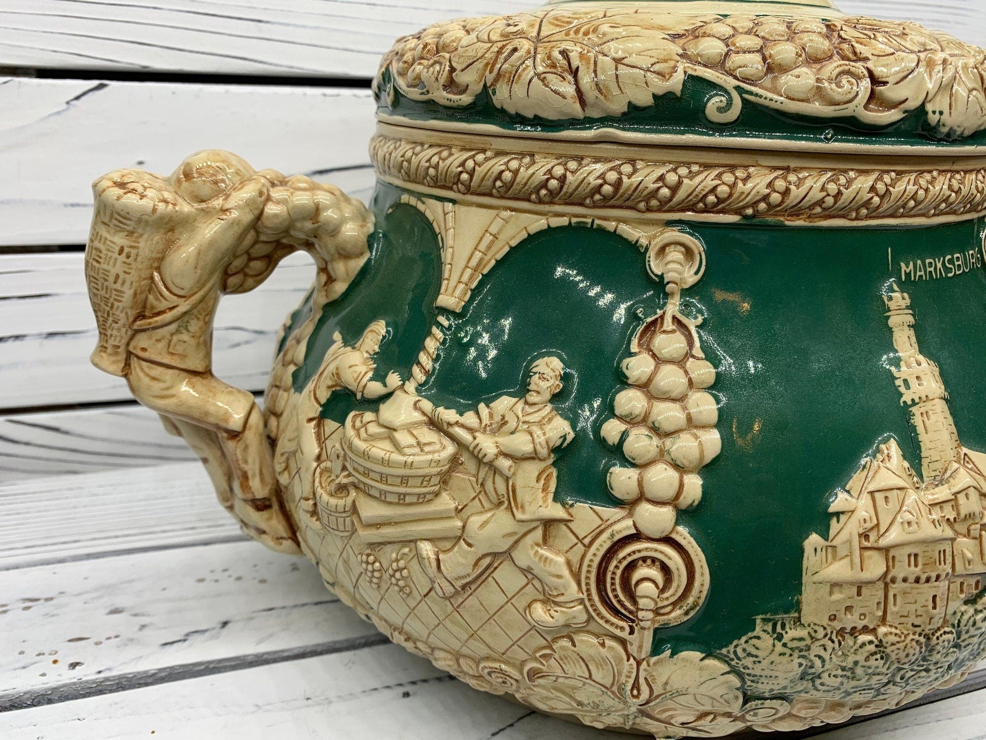Vintage Stoneware Tureen, Large German Punch Pot with 12 Mugs, Green Punch Bowl -Located at Funkyhouse Vintage Antique Store, Weiser Idaho