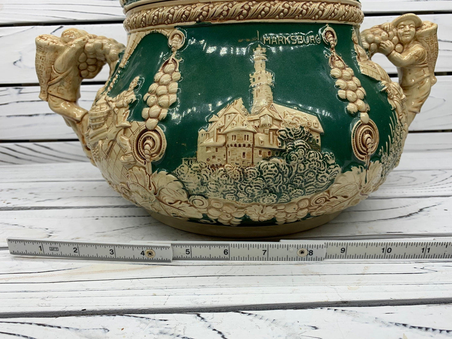 Vintage Stoneware Tureen, Large German Punch Pot with 12 Mugs, Green Punch Bowl -Located at Funkyhouse Vintage Antique Store, Weiser Idaho
