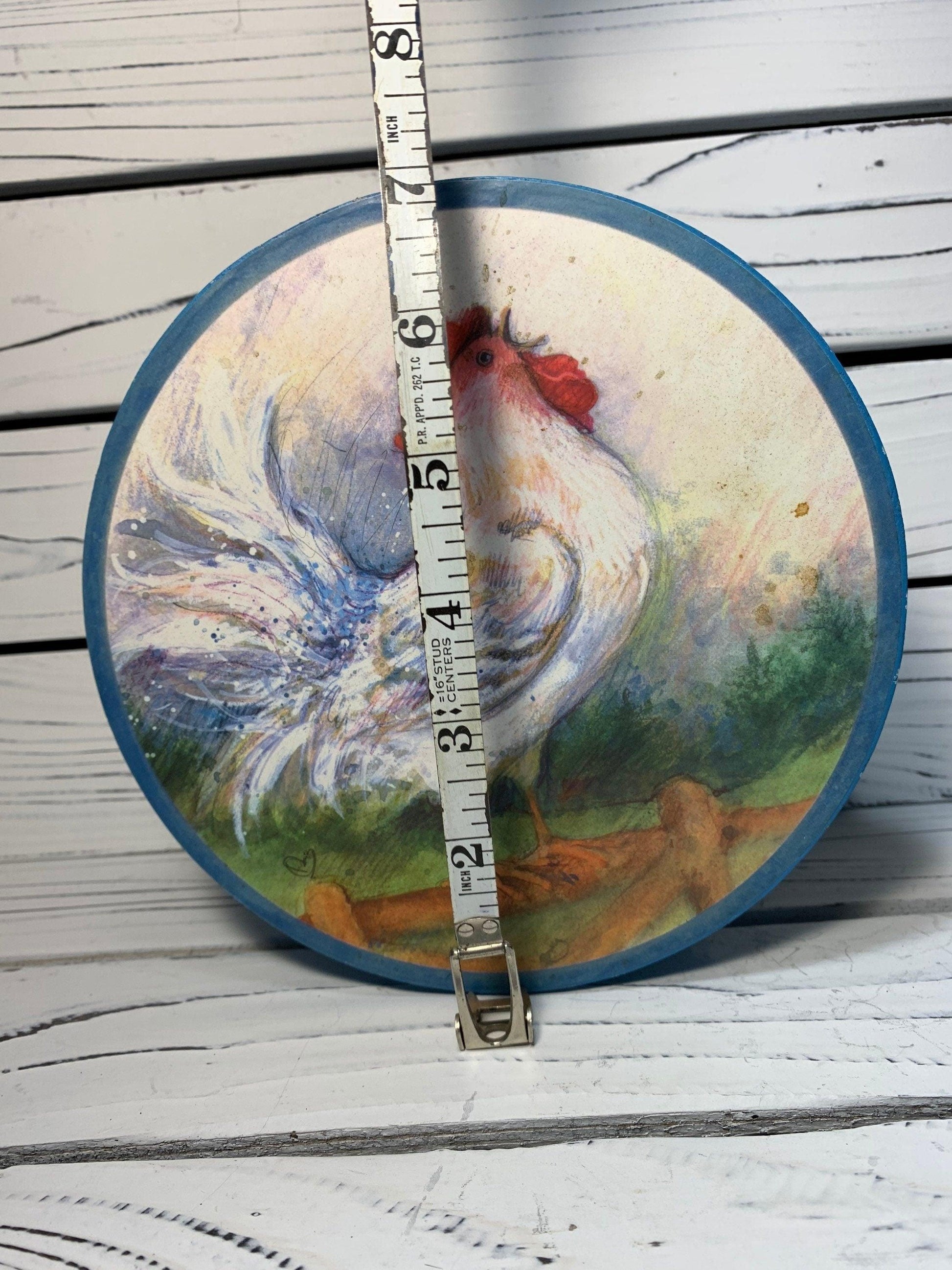 Vintage Storage Box With Rooster Picture On Lid, Round Blue Storage Container -Located at Funkyhouse Vintage Antique Store, Weiser Idaho