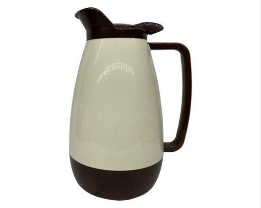 Vintage Thermo-Serv Plastic Coffee Carafe, Brown And Beige 1 Liter Flip Lid Plastic Pitcher -Located at Funkyhouse Vintage Antique Store, Weiser Idaho