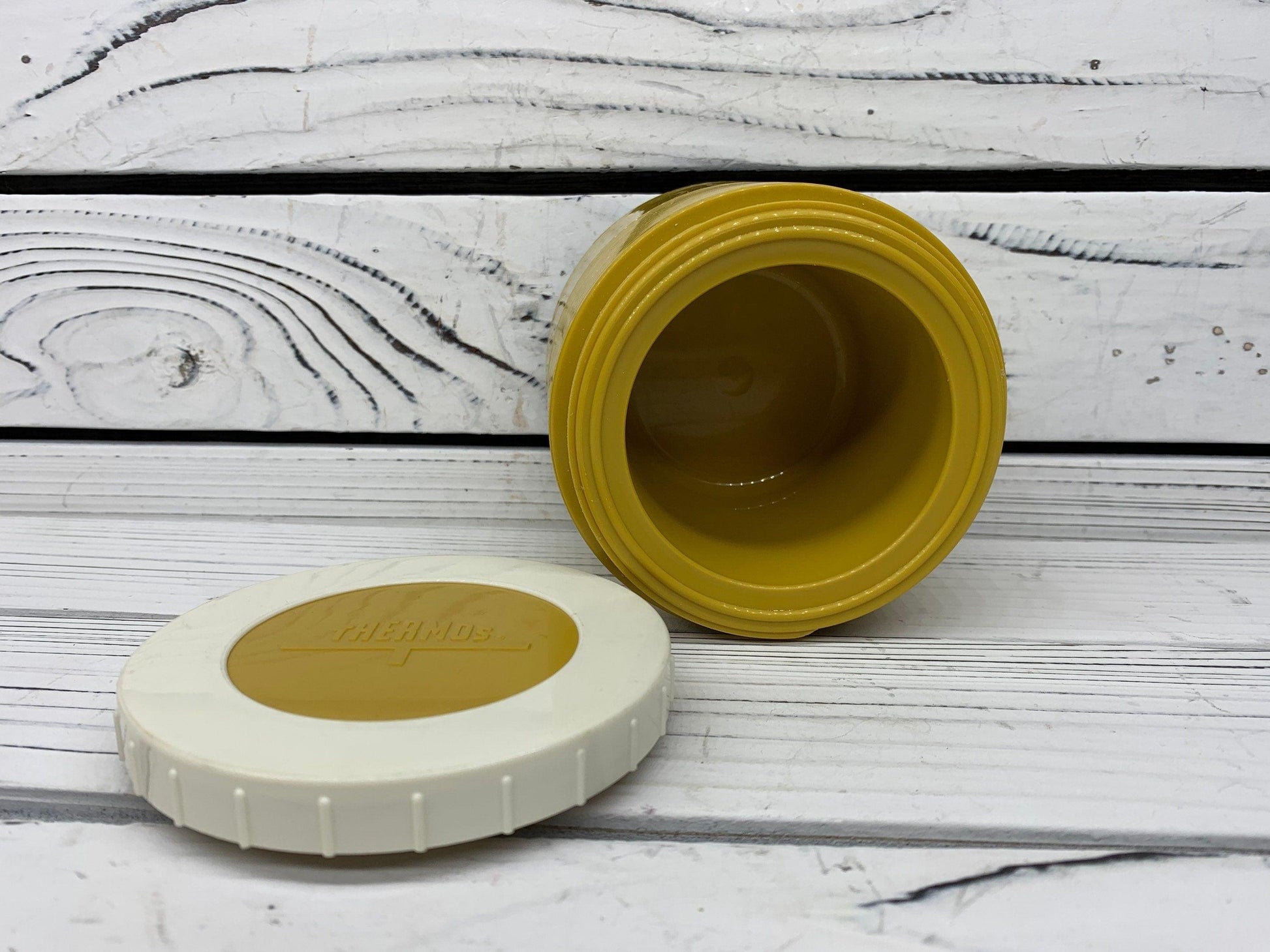 Vintage Thermos Metal Drink Or Soup Cup, Yellow Insulated Drink Warmer, 1970s Retro Kitchen -Located at Funkyhouse Vintage Antique Store, Weiser Idaho