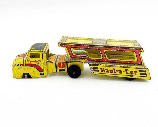 Vintage Tin Litho Wyandotte Trucking Car Hauler, Haul A Car, Tin Red Yellow Truck And Trailer Toy -Located at Funkyhouse Vintage Antique Store, Weiser Idaho