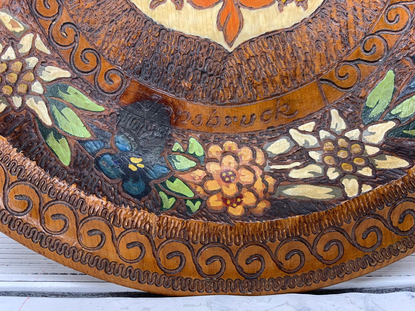 Vintage Tirol Innsbruck Wood Serving Plate, Hand Carved Austrian Platter -Located at Funkyhouse Vintage Antique Store, Weiser Idaho
