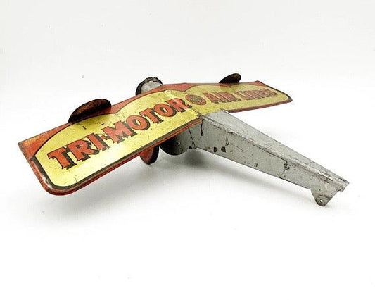 Vintage Toy Airplane, Girard Toys Tin Litho Air Mail Plane, Tri Motor Airlines, Silver Yellow Pretend Play -Located at Funkyhouse Vintage Antique Store, Weiser Idaho