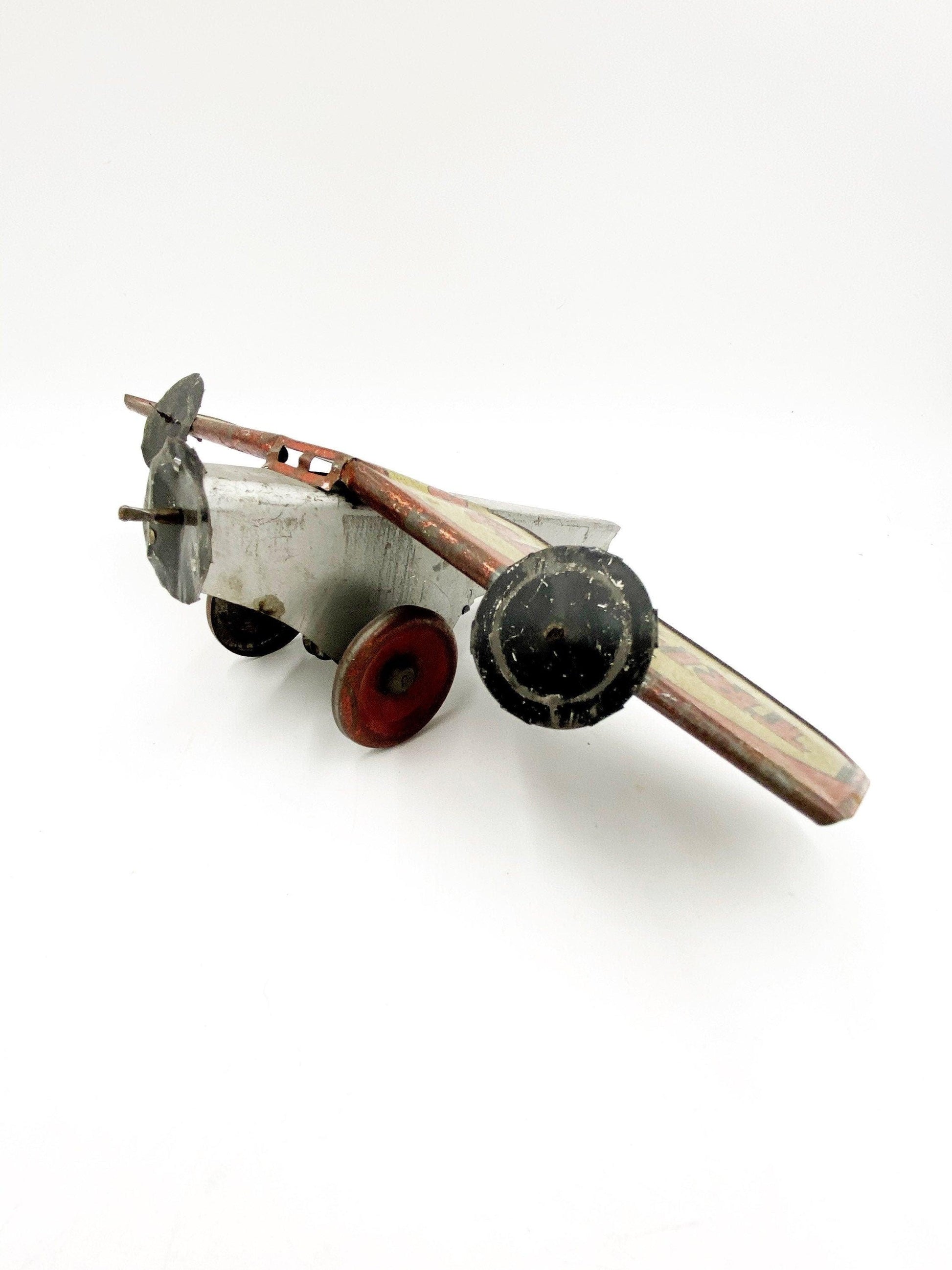 Vintage Toy Airplane, Girard Toys Tin Litho Air Mail Plane, Tri Motor Airlines, Silver Yellow Pretend Play -Located at Funkyhouse Vintage Antique Store, Weiser Idaho