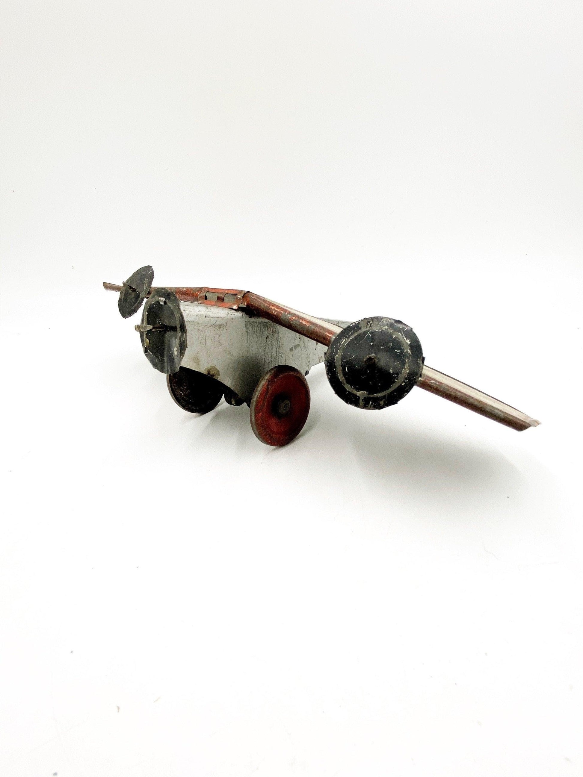 Vintage Toy Airplane, Girard Toys Tin Litho Air Mail Plane, Tri Motor Airlines, Silver Yellow Pretend Play -Located at Funkyhouse Vintage Antique Store, Weiser Idaho