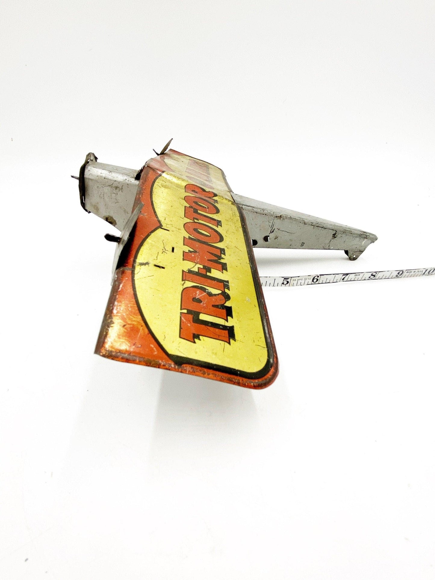 Vintage Toy Airplane, Girard Toys Tin Litho Air Mail Plane, Tri Motor Airlines, Silver Yellow Pretend Play -Located at Funkyhouse Vintage Antique Store, Weiser Idaho