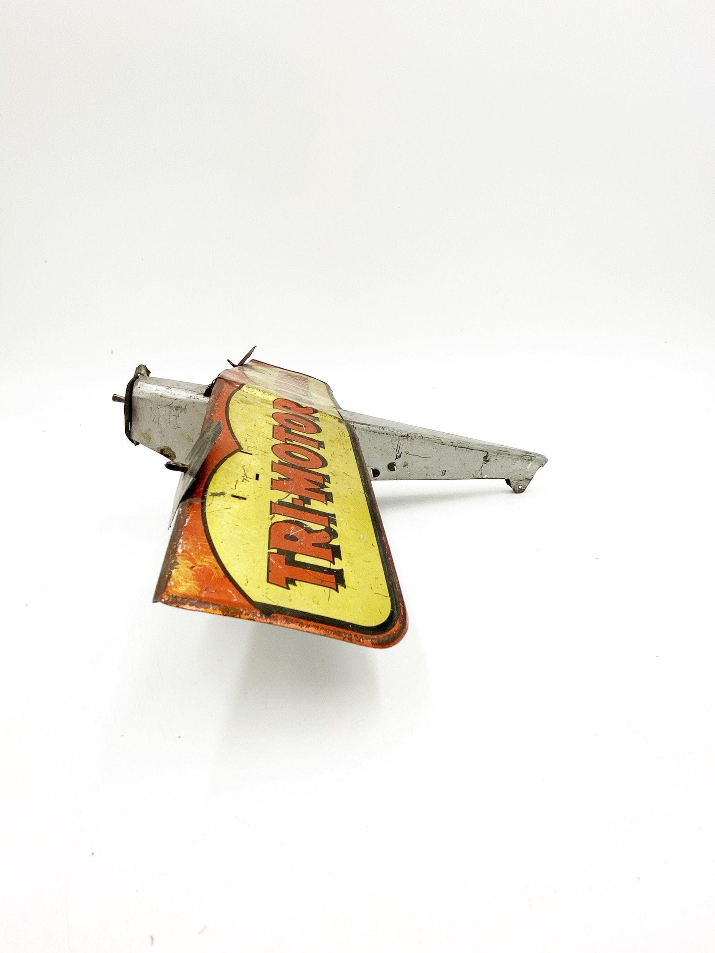 Vintage Toy Airplane, Girard Toys Tin Litho Air Mail Plane, Tri Motor Airlines, Silver Yellow Pretend Play -Located at Funkyhouse Vintage Antique Store, Weiser Idaho